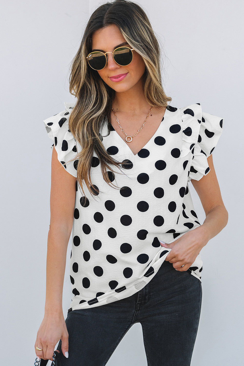 Green Polka Dot Print Ruffled Sleeve V Neck Blouse