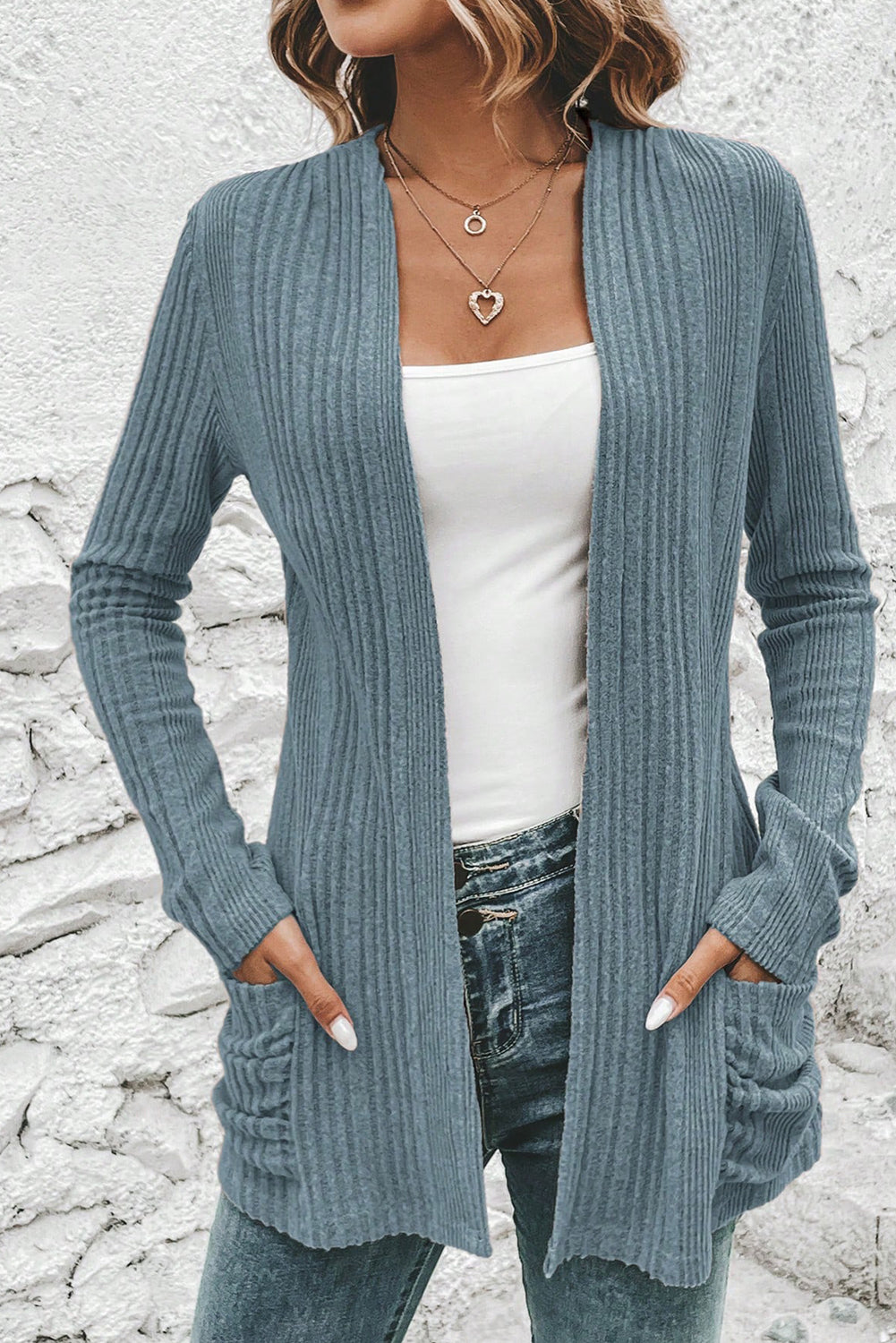 Black Ribbed Open Front Knitted Top with Pockets