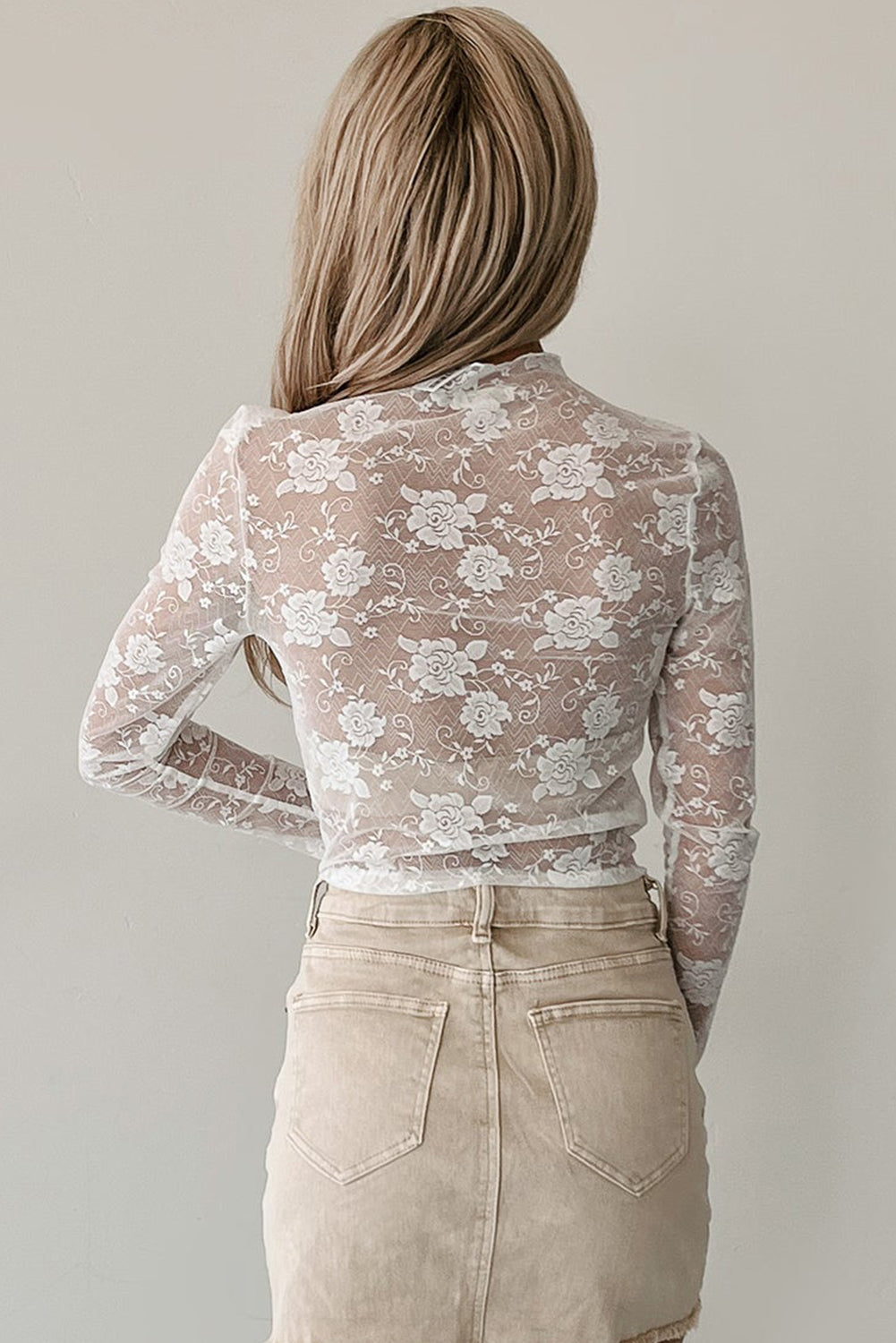 Black Sheer Floral Lace Mesh Mock Neck Long Sleeve Top