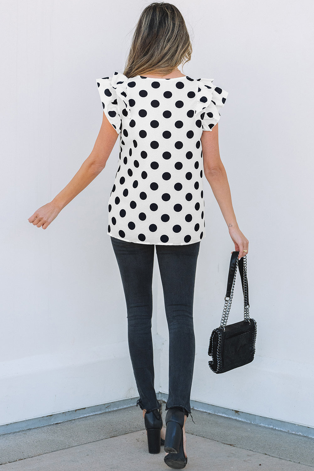 Green Polka Dot Print Ruffled Sleeve V Neck Blouse
