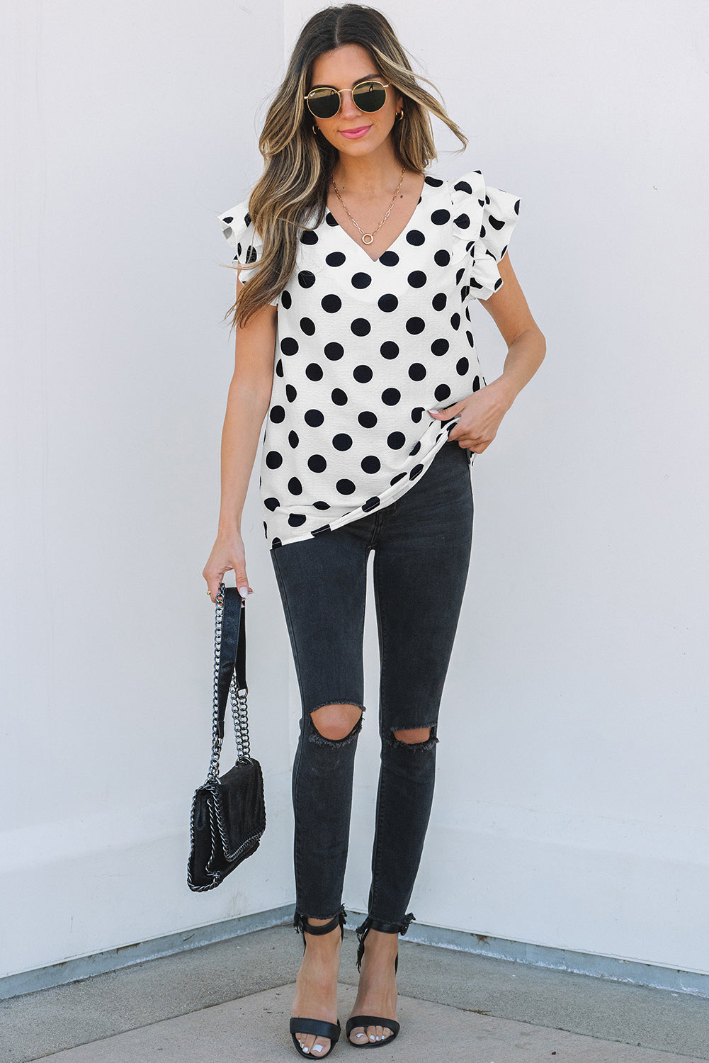 Green Polka Dot Print Ruffled Sleeve V Neck Blouse